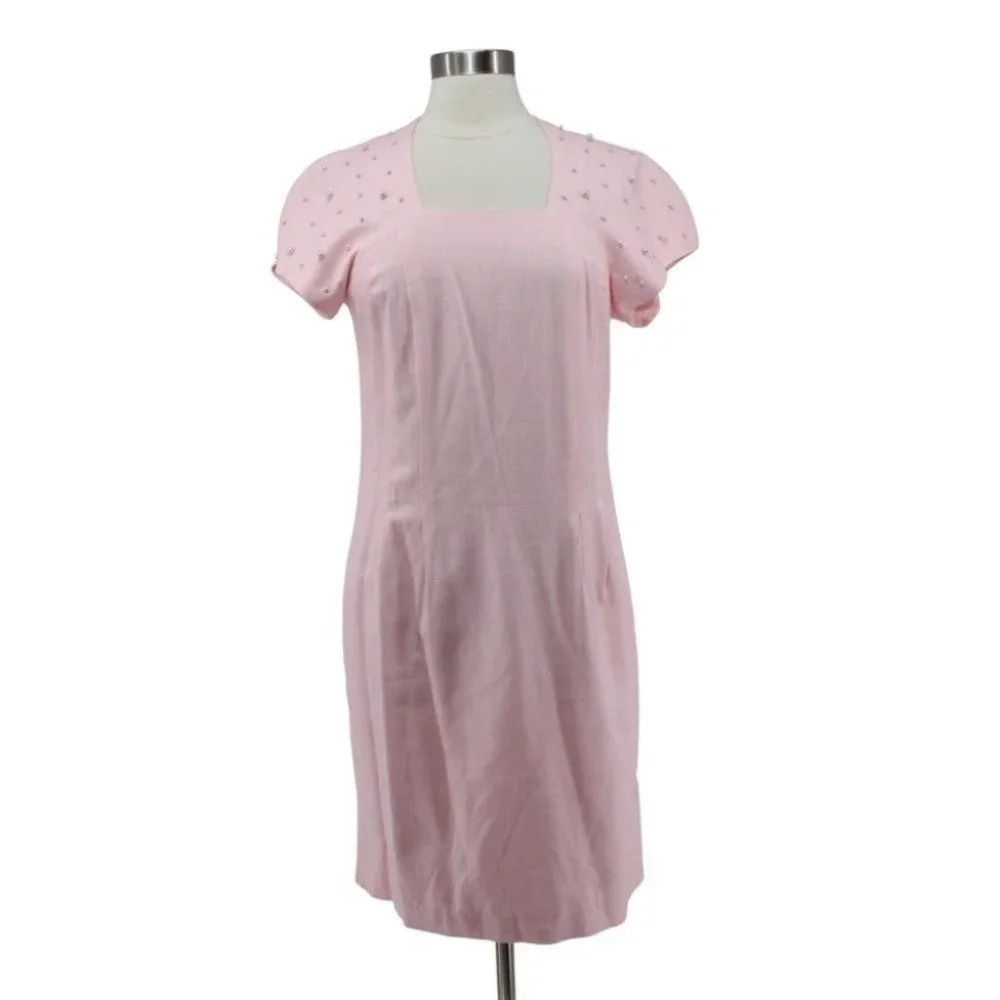 Vintage 80s Jessica Howard Pink Rayon Linen Pearl Beads Shift Dress Size 12